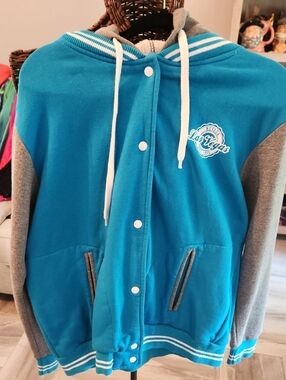 Las Vegas Teal & Gray Hooded Varsity Jacket